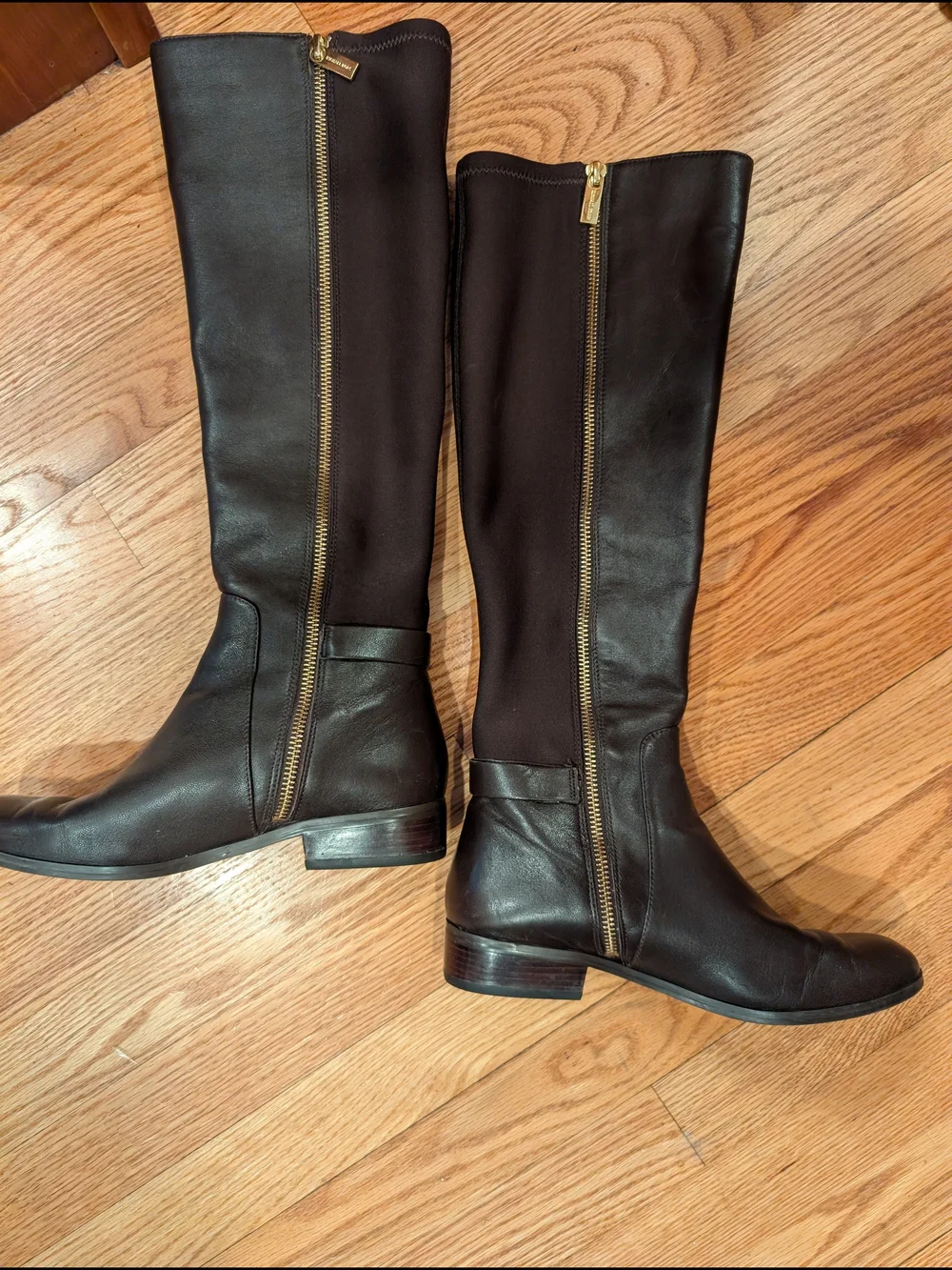 Black Leather Knee-High Boots with Gold Accent